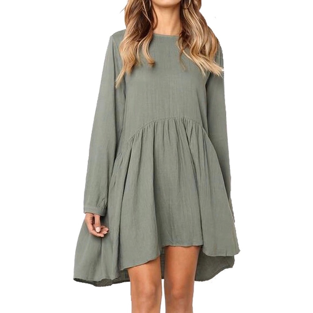 Green Long Sleeve Cotton Linen Dress With Buttons